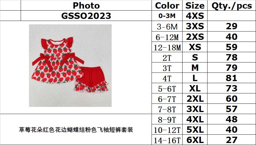 RTS NO MOQ ETA 5/7days Arrived GSSO2023 Strawberry Flower Red Lace Bow Pink Flying Sleeve Shorts Set