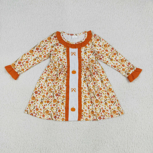 RTS NO MOQ GLD1058 Embroidered bow pumpkin flower leaf orange lace long sleeve dress