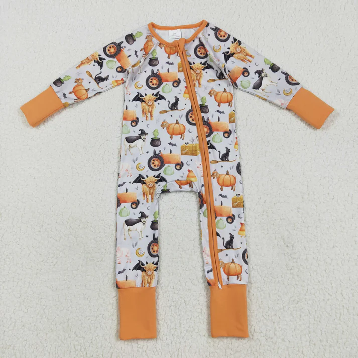 RTS NO MOQ Sibling Baby boy clothes Halloween pumpkin long Sleeve Romper Mixed Sizes