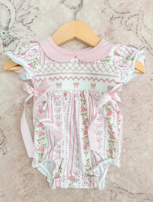 RTS NO MOQ SR2994 Embroidered bow pattern flower pink doll collar short-sleeved jumpsuit