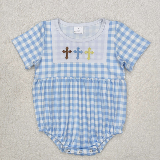 RTS NO MOQ ETA 5/7days arrived SR2134 Embroidered cross blue plaid short sleeve jumpsuit