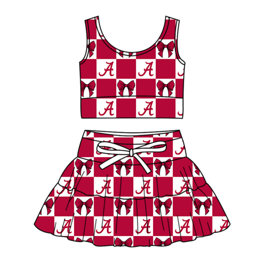 Custom moq 3 or 5 mix size milk silk summer teams baby girl clothes bow red sleeveless skirts sets
