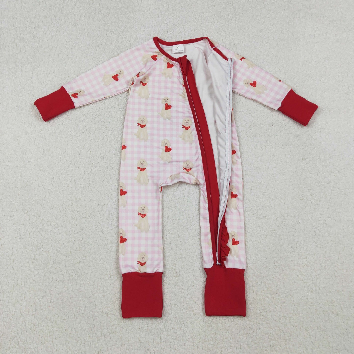 RTS NO MOQ（In Stock) LR2681 Pink plaid long-sleeved bodysuit with red lace and heart puppy zipper
