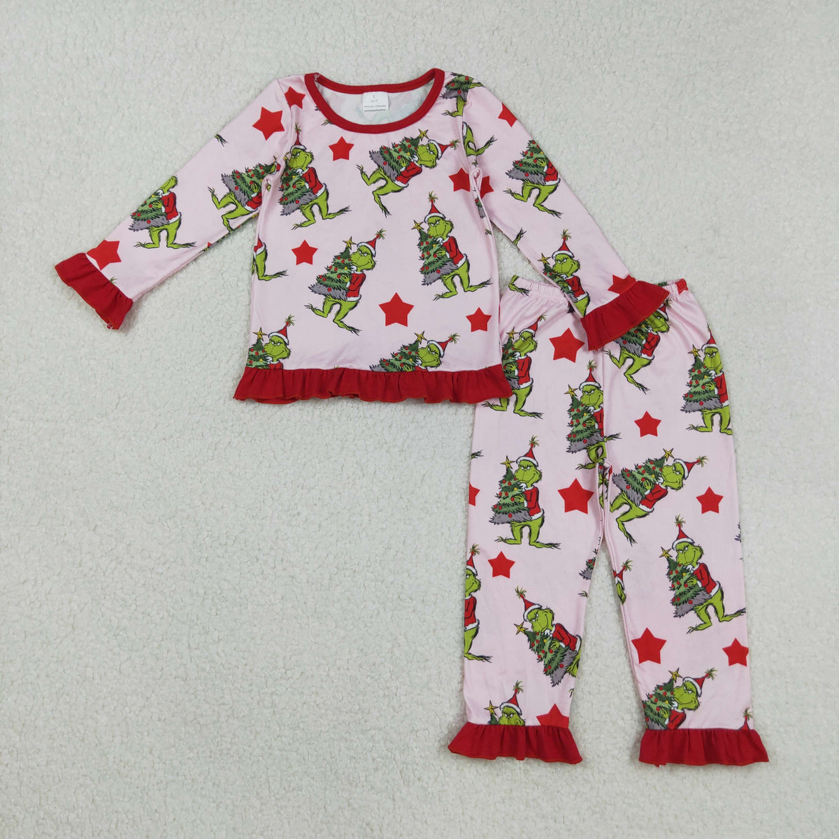 RTS NO MOQ（In Stock) GLP2646 Christmas Tree Star Red Pink Long Sleeve Pants Pajama Set