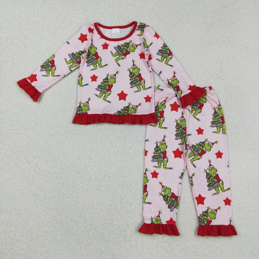 RTS NO MOQ（In Stock) GLP2646 Christmas Tree Star Red Pink Long Sleeve Pants Pajama Set