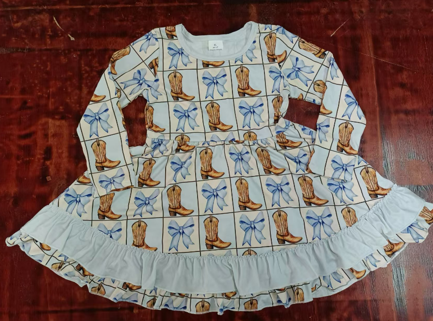 Custom moq 3 eta 6-7weeks Blue Bow-Martin Boots Plaid Long Sleeve Dress