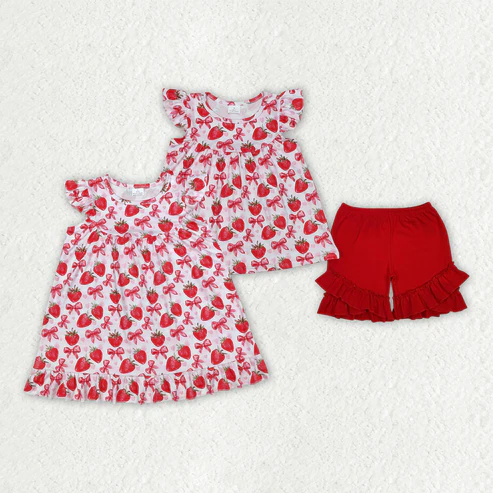 RTS NO MOQ Girls clothes bow strawberry red short sleeve Clothes Sets dress
