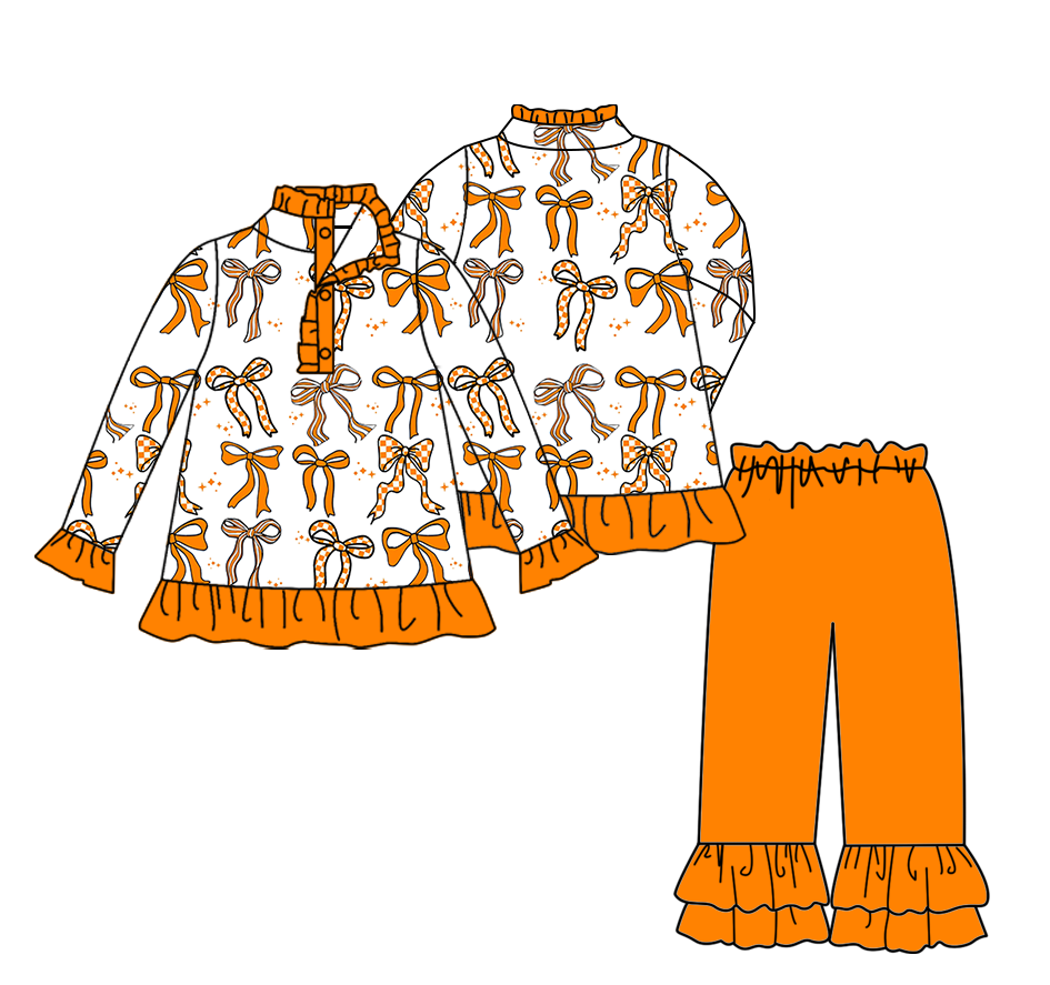 Custom moq 5 mix size milk silk baby girl clothes bow orange long sleeve pants sets