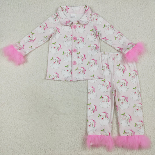 RTS NO MOQ（In Stock) GLP2376 Santa Claus pink plush trim long-sleeved trousers pajama set