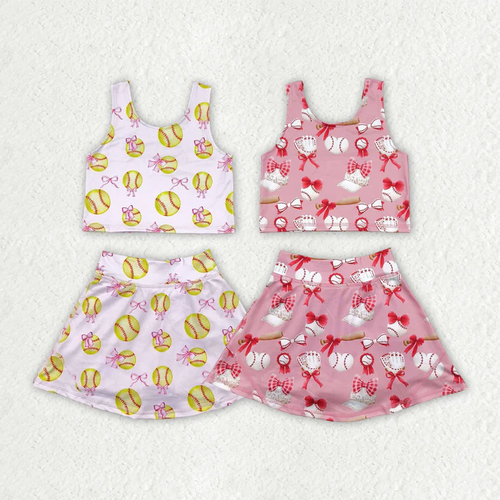 RTS NO MOQ Sibling baby girl clothes baseball sleeveless skirt yoga set