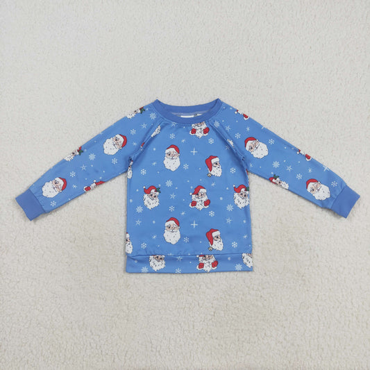 RTS NO MOQ（In Stock) BT1289 Santa Claus Snowflake Blue Long Sleeve Top