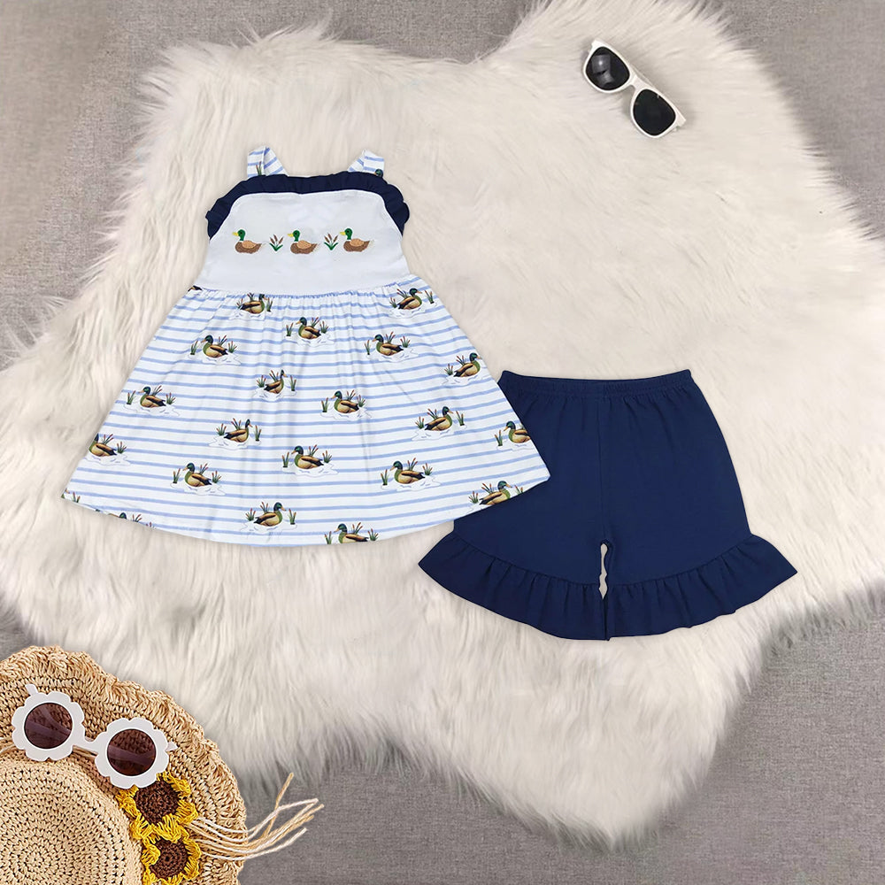 RTS NO MOQ Duck blue short-sleeved shorts suit & and romper