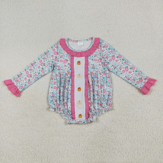 RTS NO MOQ LR2219 Embroidered pumpkin turkey flower pink lace long-sleeved jumpsuit