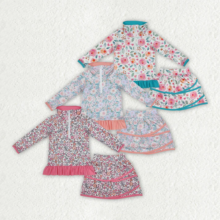 RTS NO MOQ Girls Boys floral long sleeve skirts sets