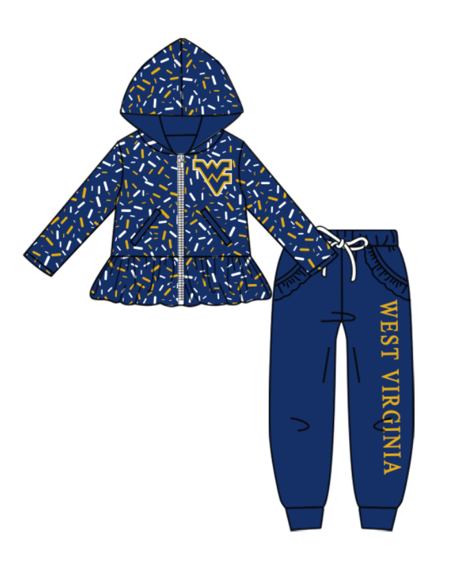 Custom moq 5 mix size milk silk summer teams baby girls clothes dark blue hooded long sleeve pants sets and boy sets 2 and tops 2-25.9.2