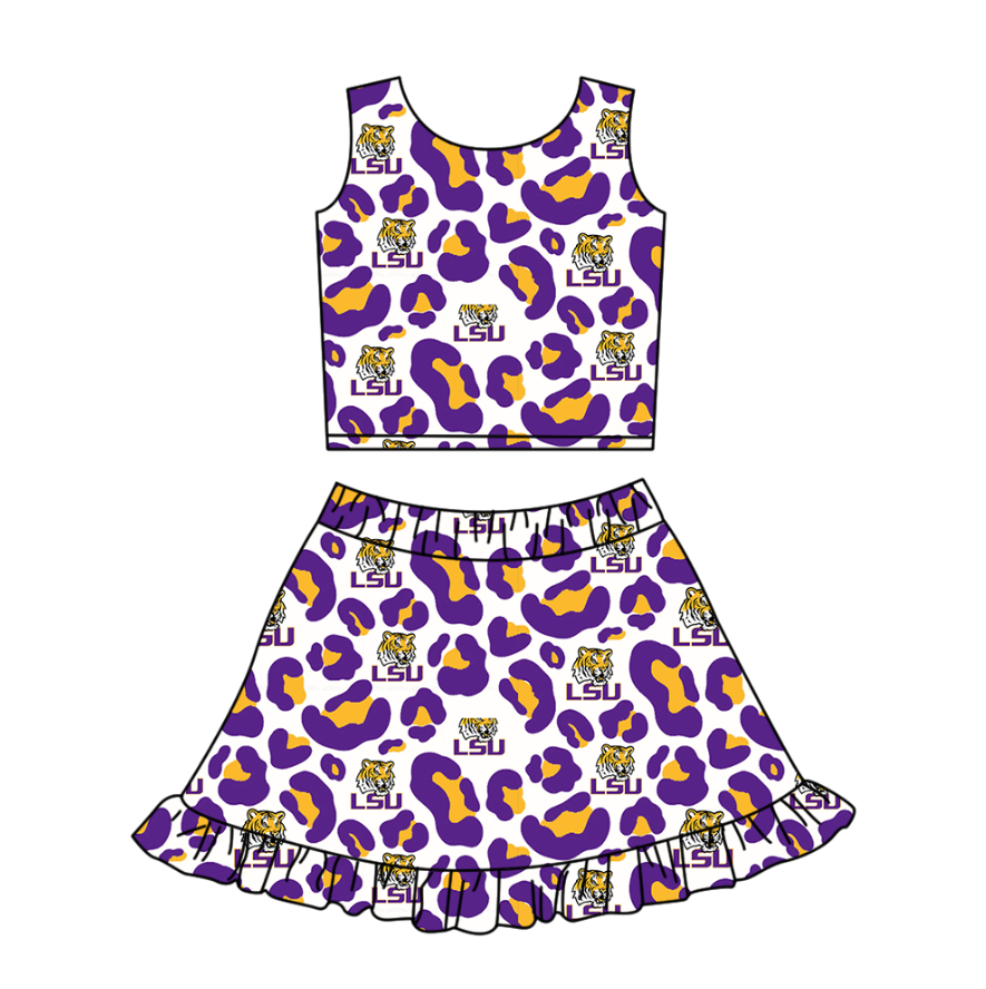 Custom moq 5 mix size milk silk summer teams baby girl clothes camouflage purple sleeveless skirts set