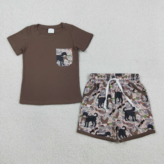 RTS NO MOQ（In Stock) BSSO1849 Puppy and Duck Blue Camouflage Pocket Brown Short-Sleeve and Shorts Set