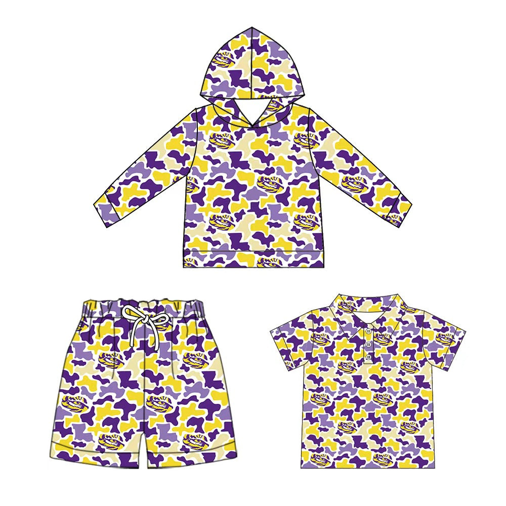 custom moq 5 mix size milk silk BYWY01 Baby Camo Print Hoodie Short Sleeve Polo Shirt And Drawstring Shorts  Three Piece Outfit Set
