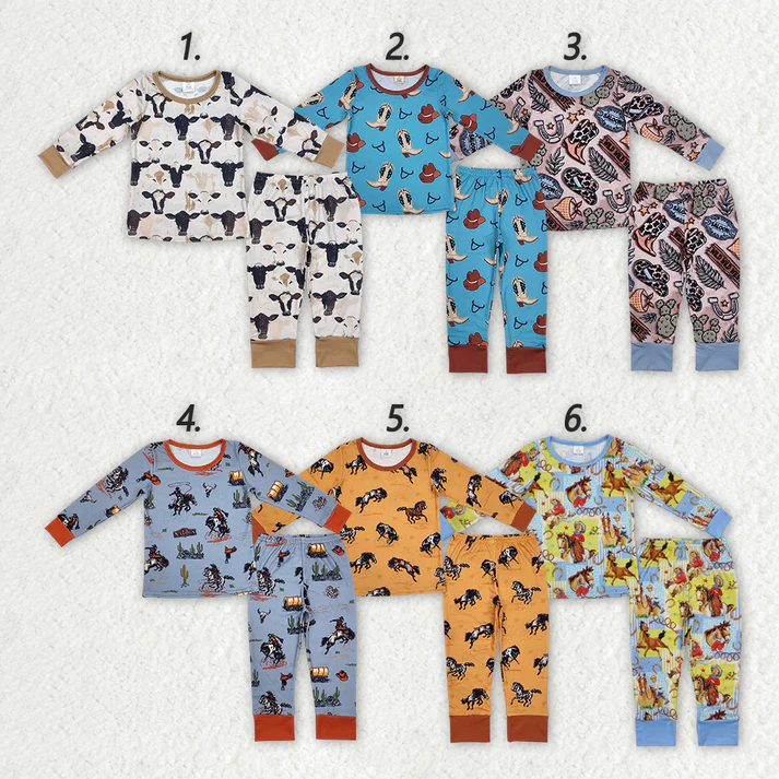 RTS NO MOQ bamboo western cowboy style boys long sleeve long pants pajamas set