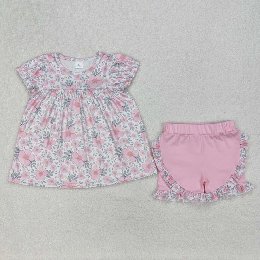 RTS NO MOQ ETA 5/7days Arrived GSSO2194 Pink flower and leaf beige short-sleeved shorts set