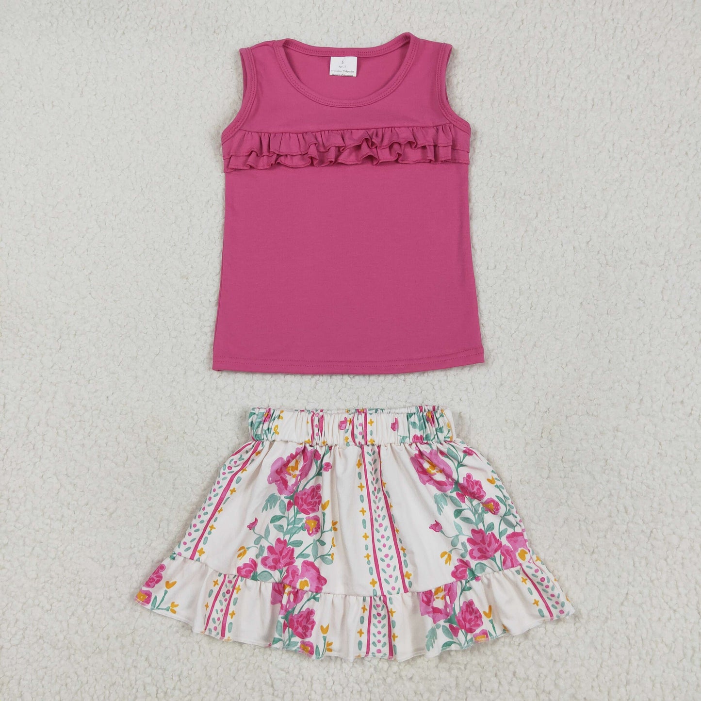 RTS NO MOQ GSD2104 Pure rose red sleeveless flower leaf striped skirt suit