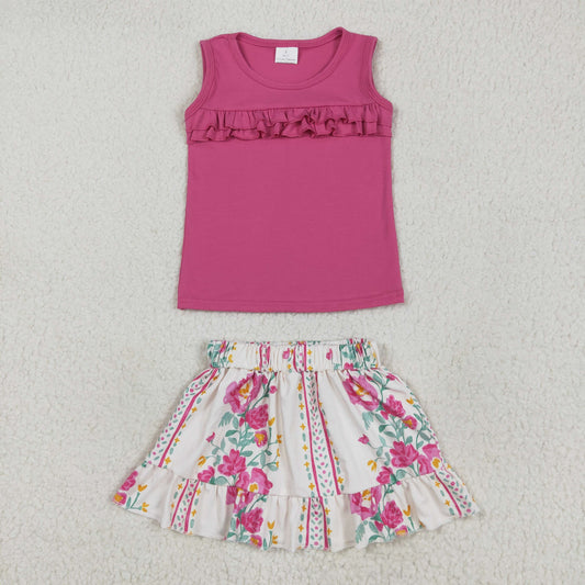 RTS NO MOQ GSD2104 Pure rose red sleeveless flower leaf striped skirt suit