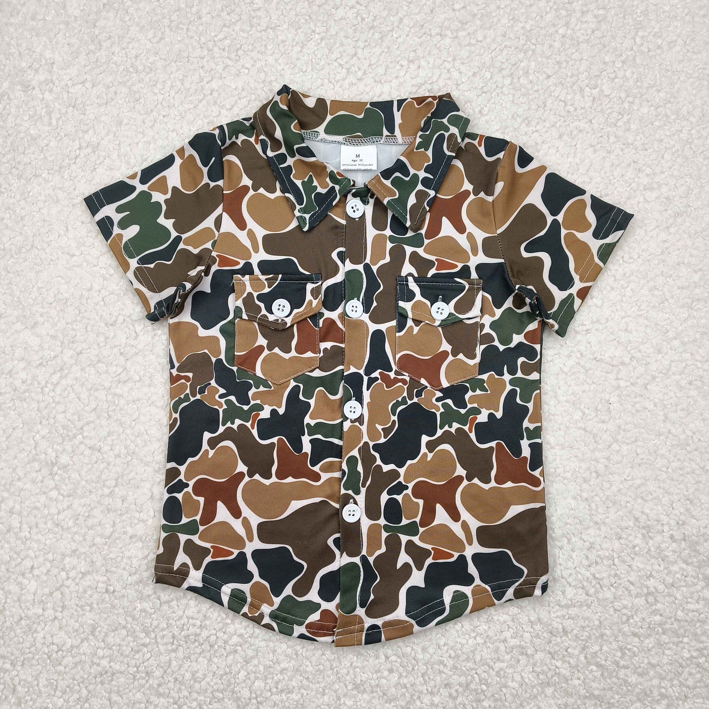 RTS NO MOQ（In Stock) Camouflage beige pocket button short-sleeved top