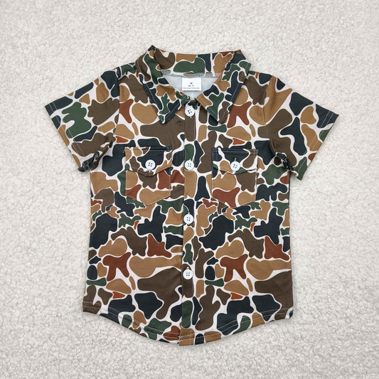 RTS NO MOQ（In Stock) Camouflage beige pocket button short-sleeved top