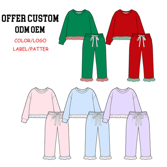 custom moq 5 mix size KYMN0102 Baby Girls Solid Color Long Sleeve Top Scallop Ruffle Hem Drawstring Pant Set