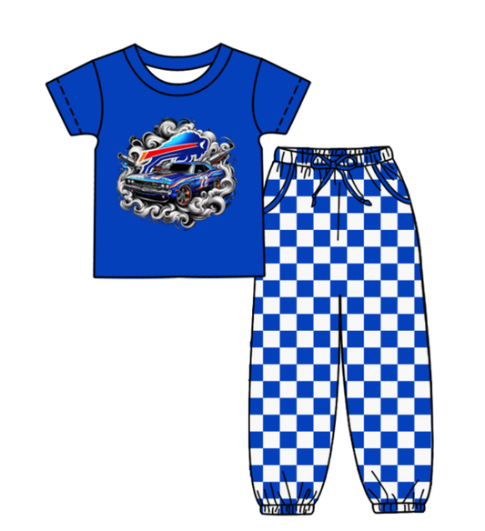 Custom moq 8 mix size milk silk summer teams baby boy clothes blue plaid short sleeve pants sets-25.9.29