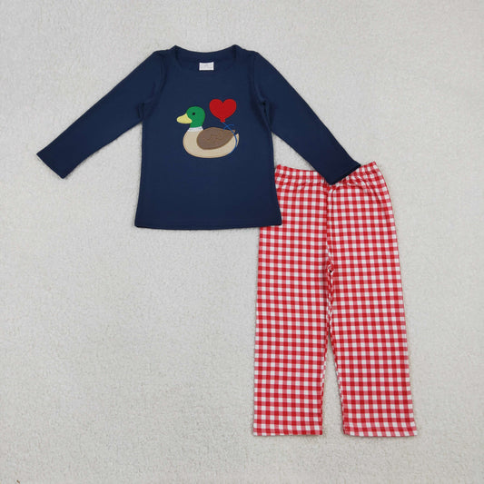 RTS NO MOQ（In Stock) BLP1304 Navy Blue Long-Sleeved Red and White Plaid Pant Set with Embroidered Valentine's Day Heart Duck