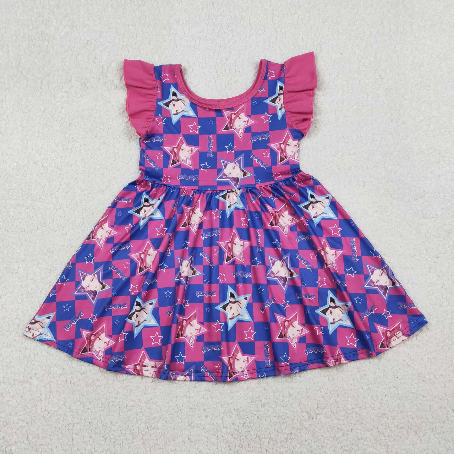 12/18m-14/16t RTS NO MOQ（In Stock ) GSD3284 Kpop Star Blue-Purple Plaid Rose Red Flutter Sleeve Dress