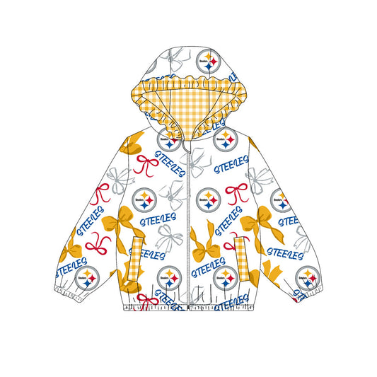 Custom moq 8 mix size milk silk summer team baby girls clothes bow yellow hooded long sleeve top-25.9.30