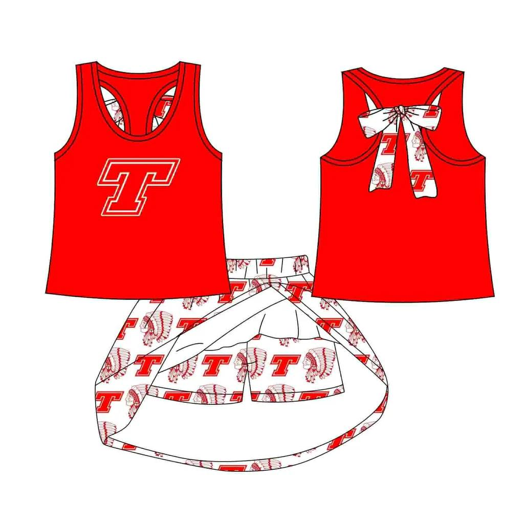 Custom moq 5 each style eta 6-7weeks baby girl clothes team red sleeveless skirt sets-25.8.21