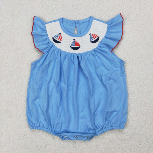 RTS NO MOQ ETA 5/7days Arrived SR2573 smocked Girls National Day Embroidered Sailboat Blue Vest Bodysuit