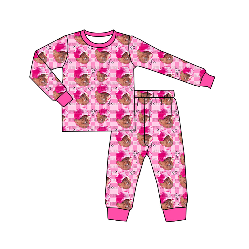 Deadline November 21 custom no moq eta 6-8weeks Pink hat Trump head plaid long sleeve long pants pajama set