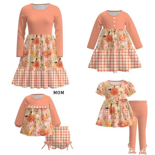 Custom moq 5 each style eta 6-7weeks baby girl short sleeve pants set and brief sets and dress and adult dress