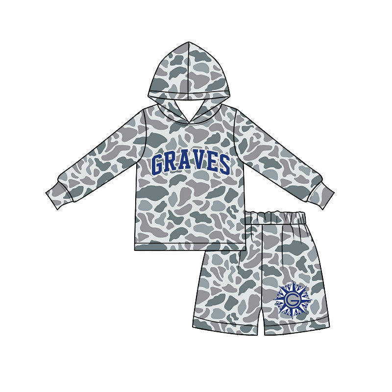 custom moq 5 mix size BYTR0106 Kids Camo Print Letter Hoodie Shorts Team Set