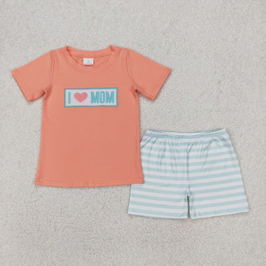 RTS NO MOQ ETA 5/7days Arrived BSSO1435 Embroidered i love mom orange short sleeve green striped shorts set