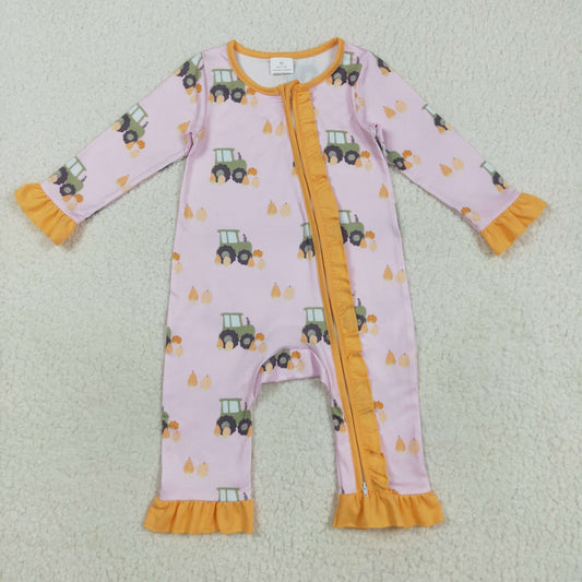 RTS NO MOQ（In Stock) LR2336 Tractor Pumpkin Orange and Pink Zippered Long-Sleeved Bodysuit