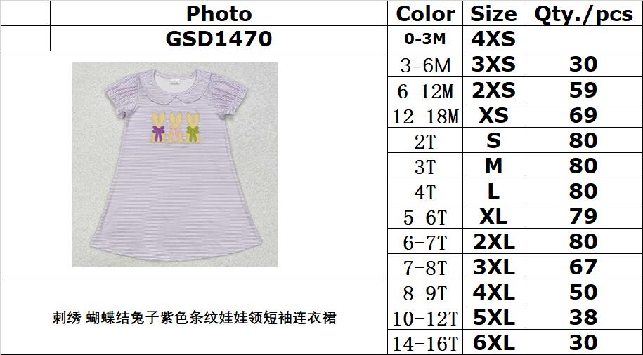 RTS NO MOQ ETA 5/7days Arrived GSD1470 Embroidered bow rabbit purple striped doll collar short-sleeved dress