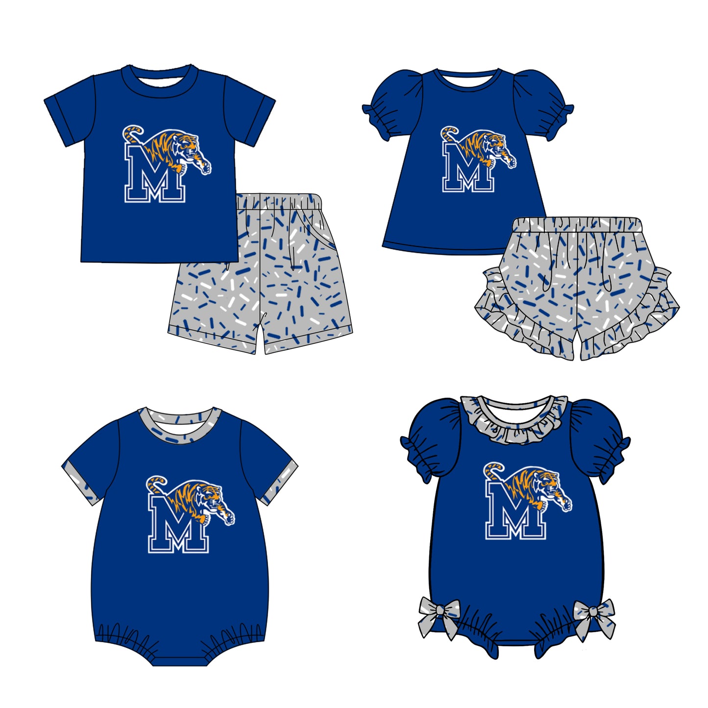 Custom moq 5 mix size milk silk summer teams baby girl boys clothes blue short sleeve shorts sets and rompers series