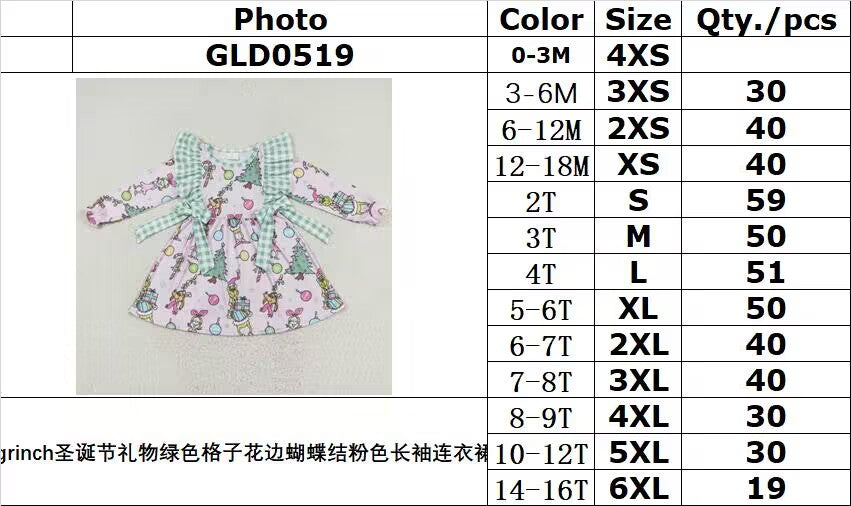 rts no moq GLD0519 Girls Christmas Green Plaid Bow Pink Long Sleeve Dress