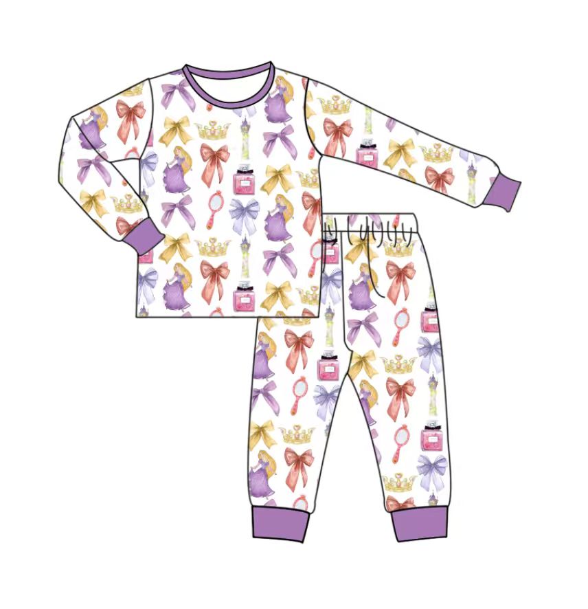 Custom moq 5 mix size eta 6-8weeks baby girl clothes bow purple long sleeve pants set and romper