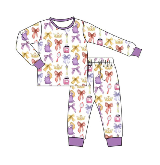 Custom moq 5 mix size eta 6-8weeks baby girl clothes bow purple long sleeve pants set and romper