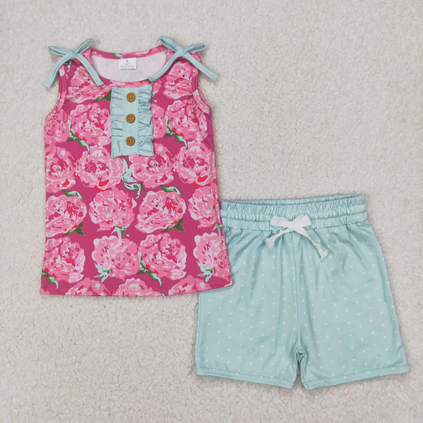 RTS NO MOQ ETA 5/7days Arrived GSSO2356 Pink flower button rose red sleeveless green shorts set