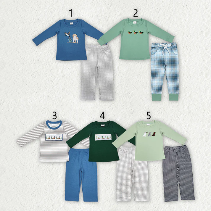 RTS Sibling baby boy clothes embroidery puppy duck long Sleeve pants sets