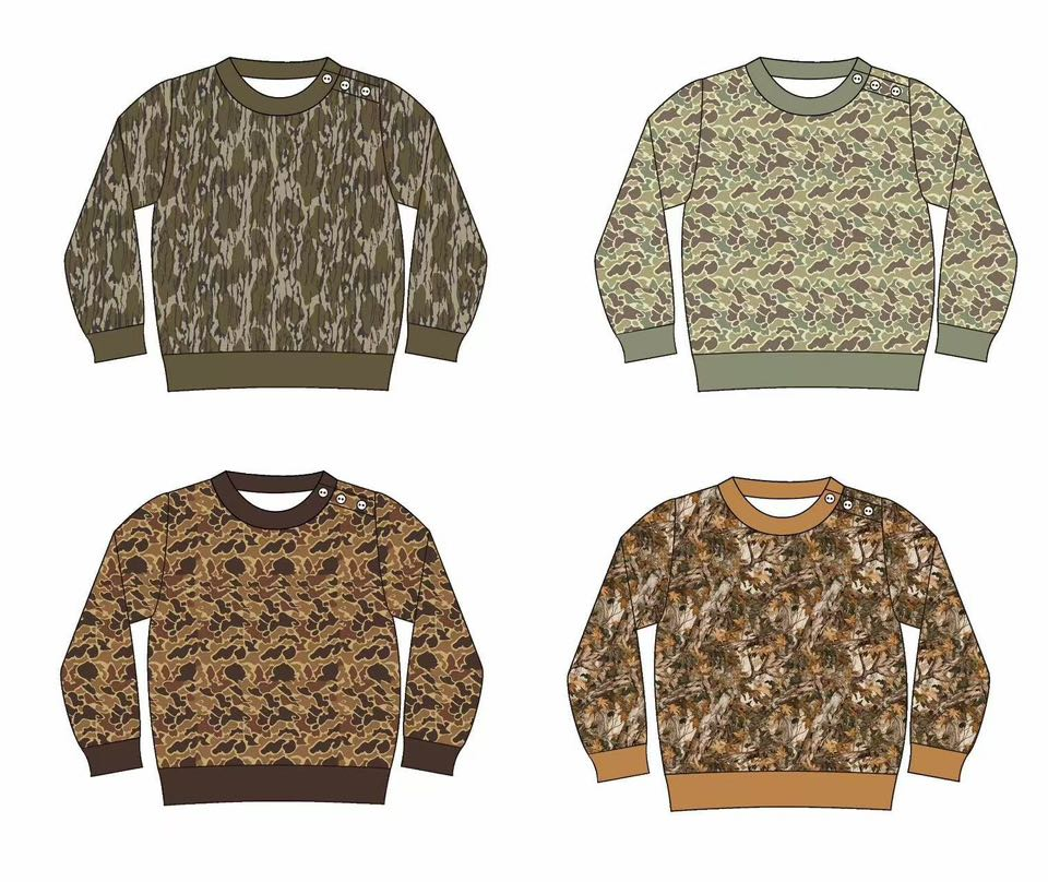 Custom moq 5 each style eta 6-7weeks baby boy clothes camouflage long sleeve tops 4-25.8.4