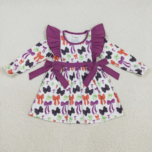 RTS NO MOQ（In Stock) GLD1113 Halloween long-sleeved purple lace dress with a bow pattern