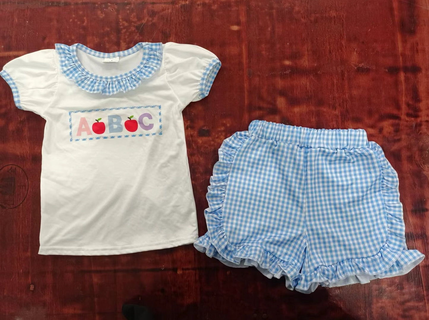 custom moq 5 eta 4-6weeks summer team baby girls clothes ABC white blue shorts sets